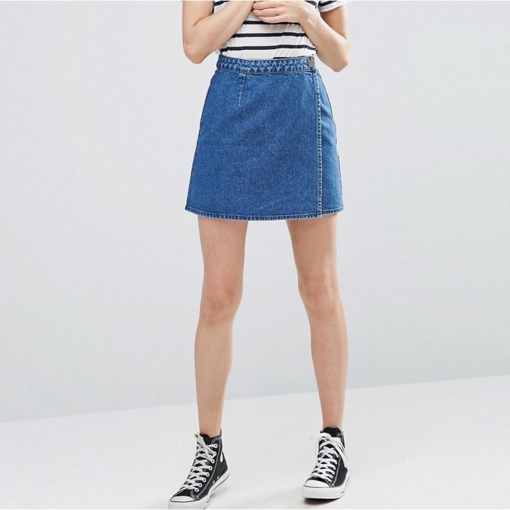 ASOS DESIGN denim wrap skirt in stonewash blue